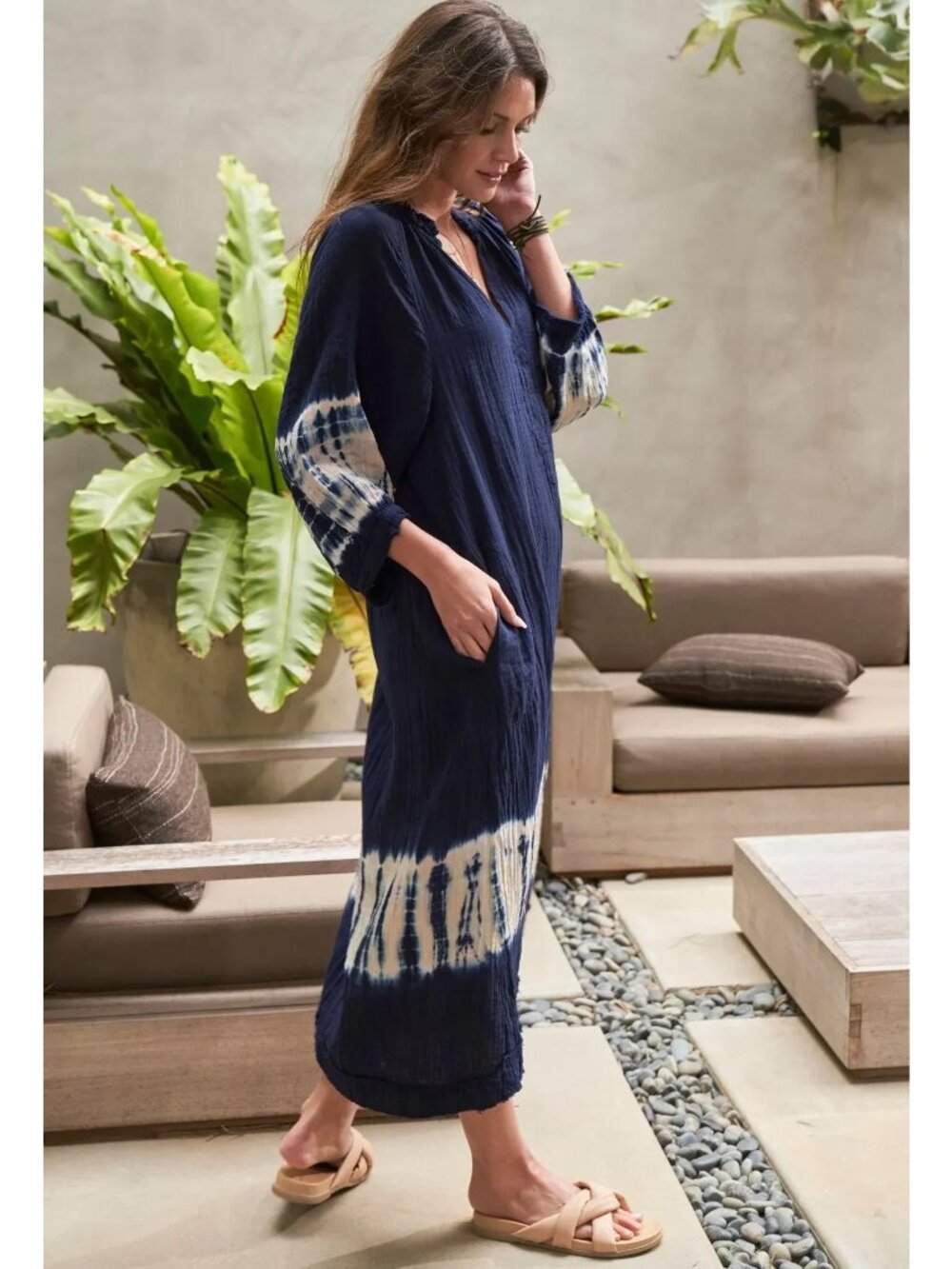 Ocean+Main Navy + Sedona Tie Dye Hem Gauze Dress with Pockets Size L/XL